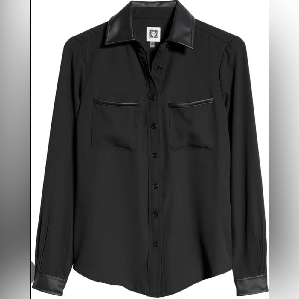 Anne Klein Faux-Leather-Trim Button-Down Blouse